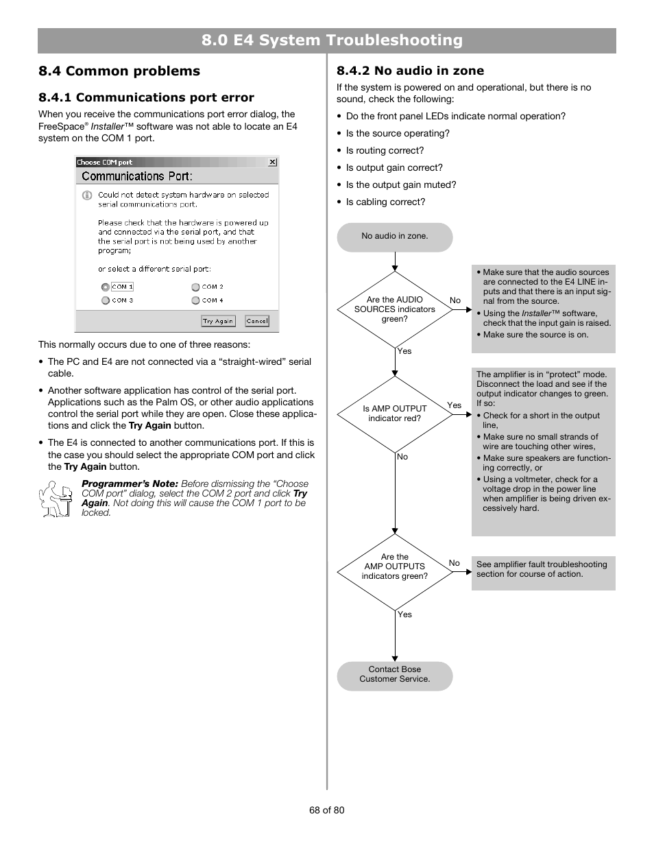 0 e4 system troubleshooting, 4 common problems, 1 communications port error | 2 no audio in zone | Bose FREESPACE E4 User Manual | Page 11 / 18