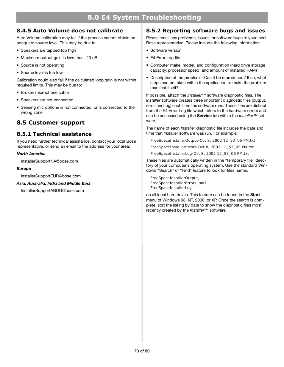 0 e4 system troubleshooting, 5 customer support | Bose FREESPACE E4 User Manual | Page 13 / 18