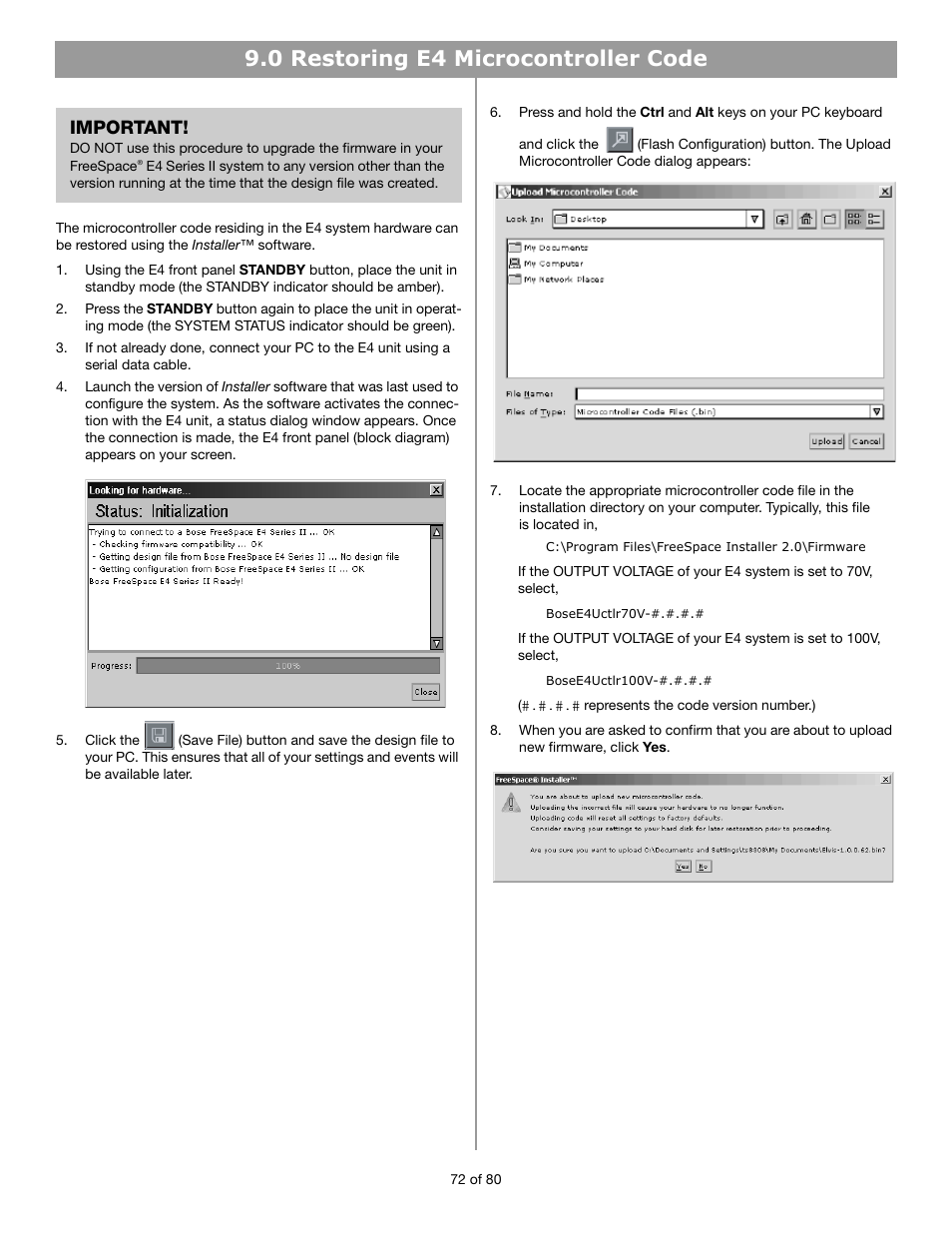 0 restoring e4 microcontroller code, Important | Bose FREESPACE E4 User Manual | Page 15 / 18