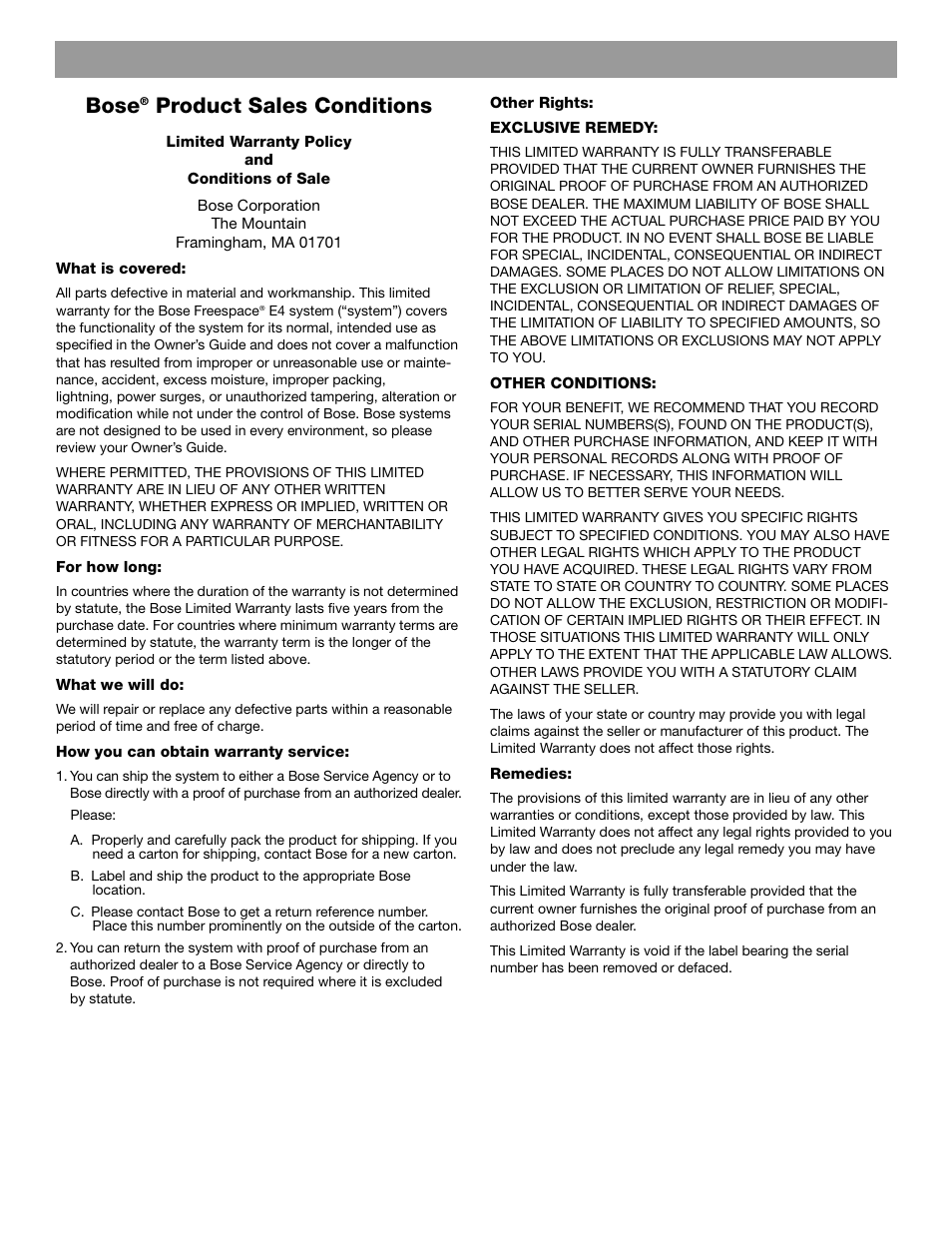 Bose, Product sales conditions | Bose FREESPACE E4 User Manual | Page 17 / 18