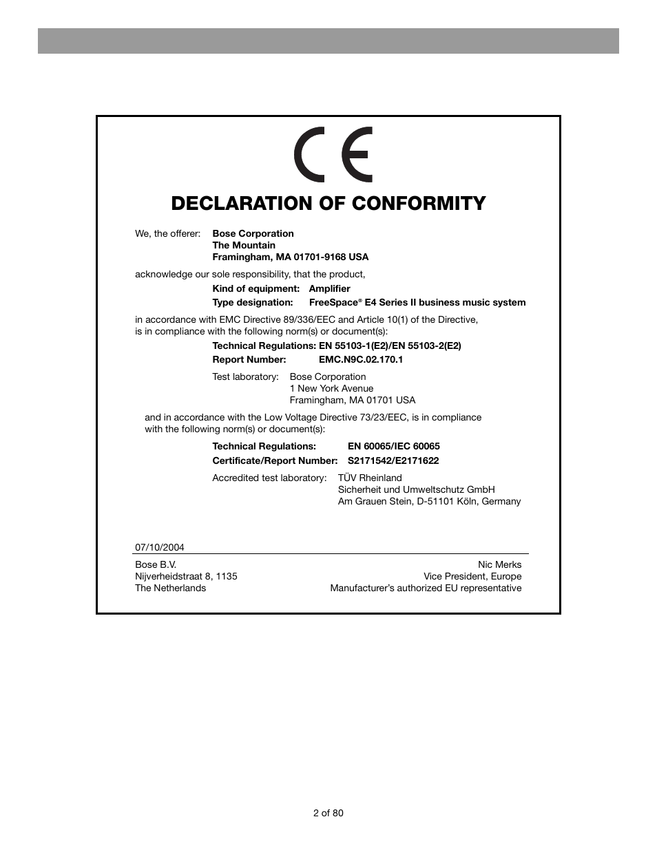 Declaration of conformity | Bose FREESPACE E4 User Manual | Page 2 / 18