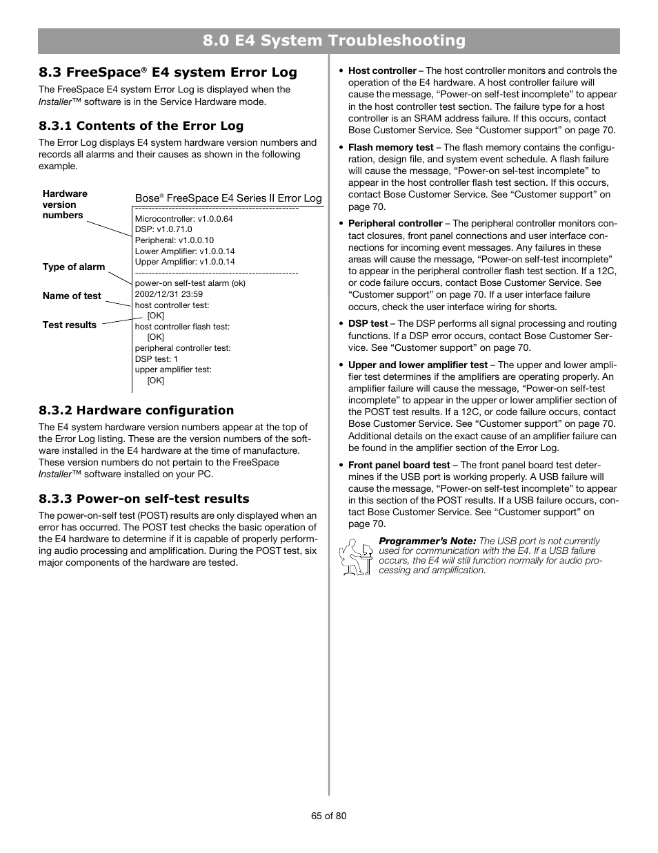 0 e4 system troubleshooting, 3 freespace, E4 system error log | Bose FREESPACE E4 User Manual | Page 8 / 18