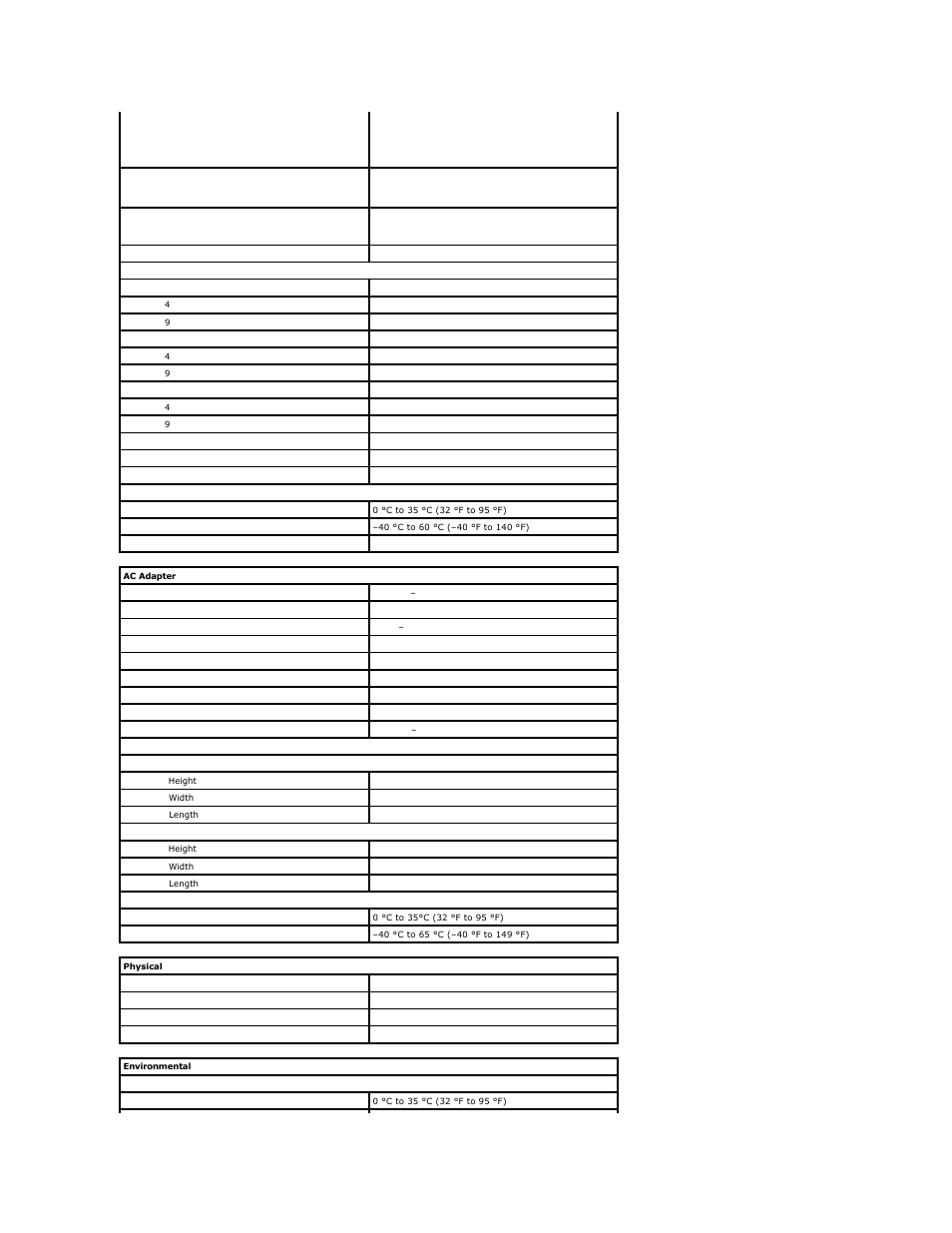 Ac adapter, Environmental, Physical | Dell Latitude E5410 (Mid 2010) User Manual | Page 72 / 81