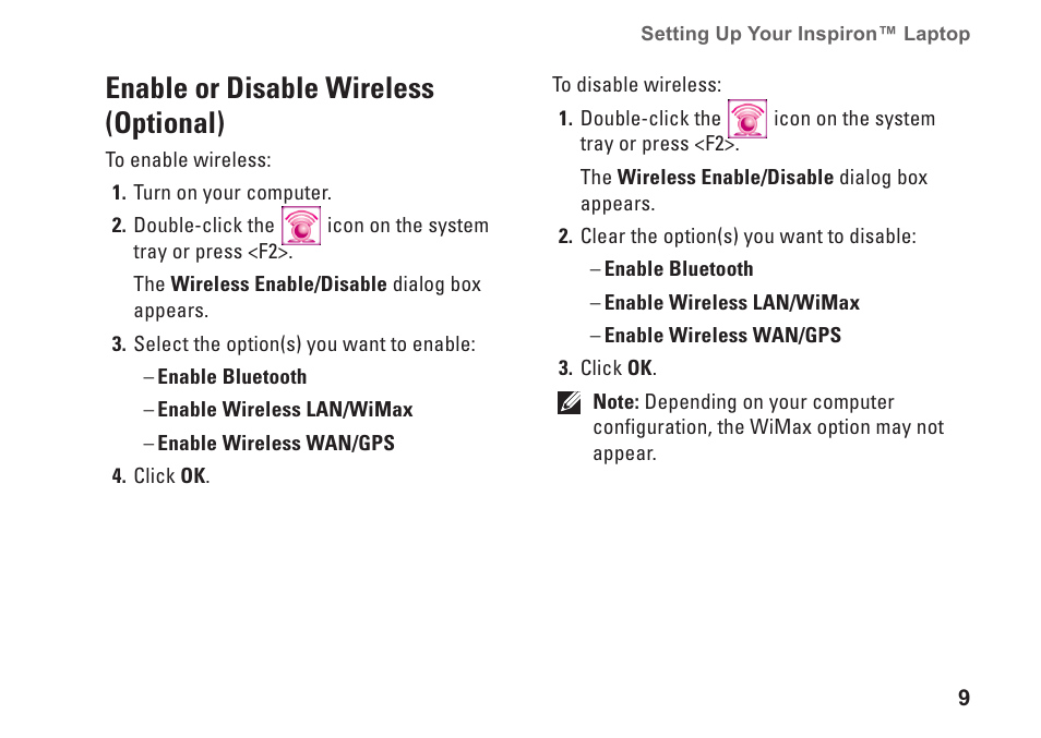 Enable or disable wireless (optional) | Dell Inspiron Mini 10 (1010, Early 2009) User Manual | Page 11 / 68