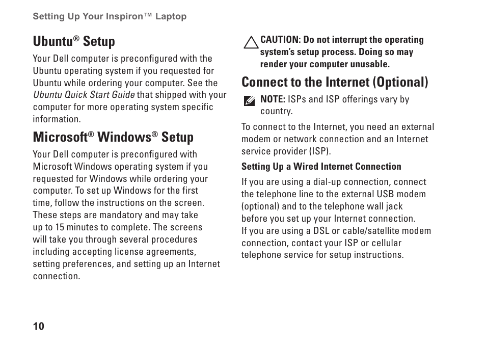 Ubuntu® setup, Microsoft® windows® setup, Connect to the internet (optional) | Ubuntu, Setup, Microsoft, Windows | Dell Inspiron Mini 10 (1010, Early 2009) User Manual | Page 12 / 68