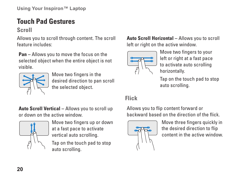 Bookmark 36, Touch pad gestures | Dell Inspiron Mini 10 (1010, Early 2009) User Manual | Page 22 / 68