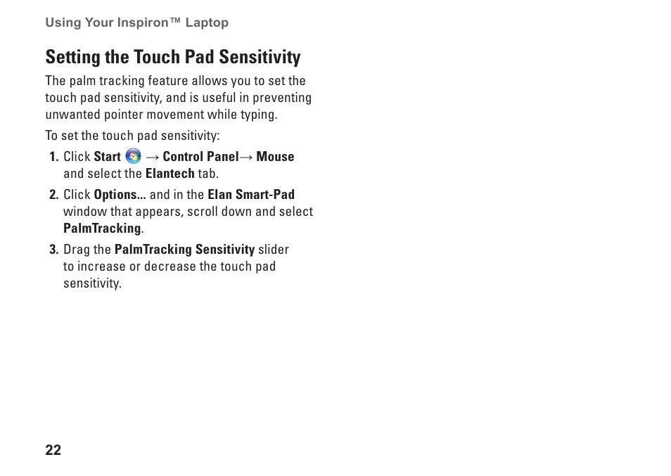 Setting the touch pad sensitivity | Dell Inspiron Mini 10 (1010, Early 2009) User Manual | Page 24 / 68