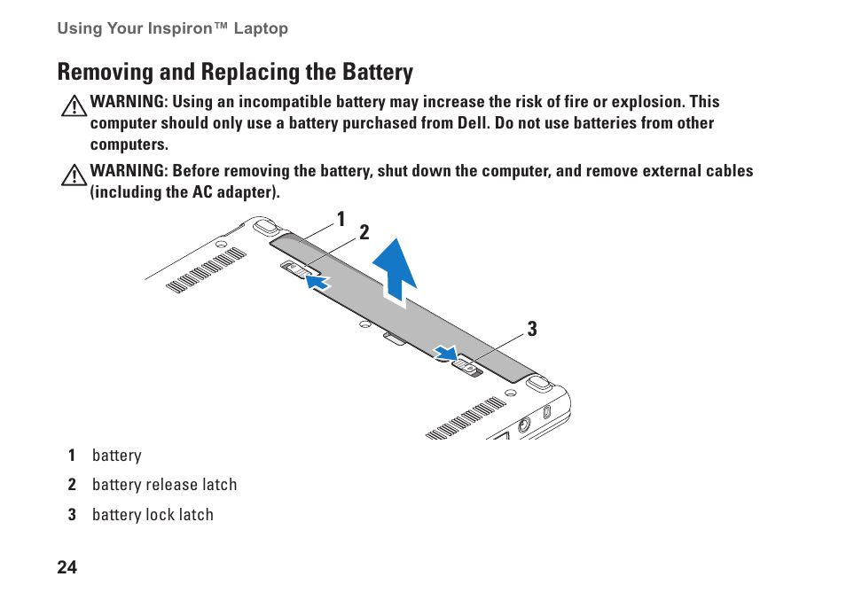 Removing and replacing the battery | Dell Inspiron Mini 10 (1010, Early 2009) User Manual | Page 26 / 68