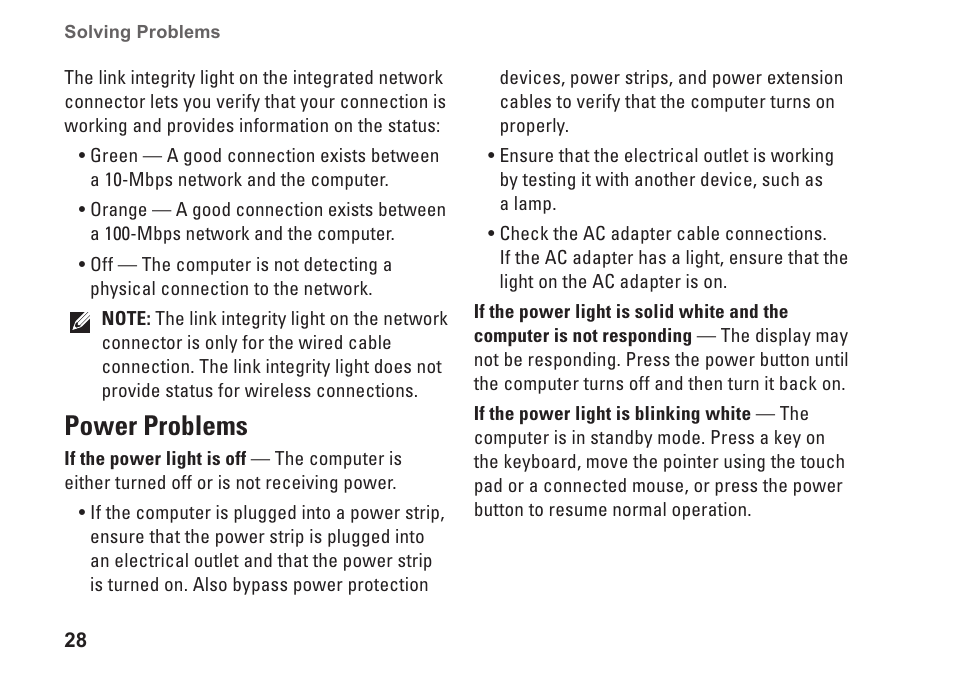 Power problems | Dell Inspiron Mini 10 (1010, Early 2009) User Manual | Page 30 / 68