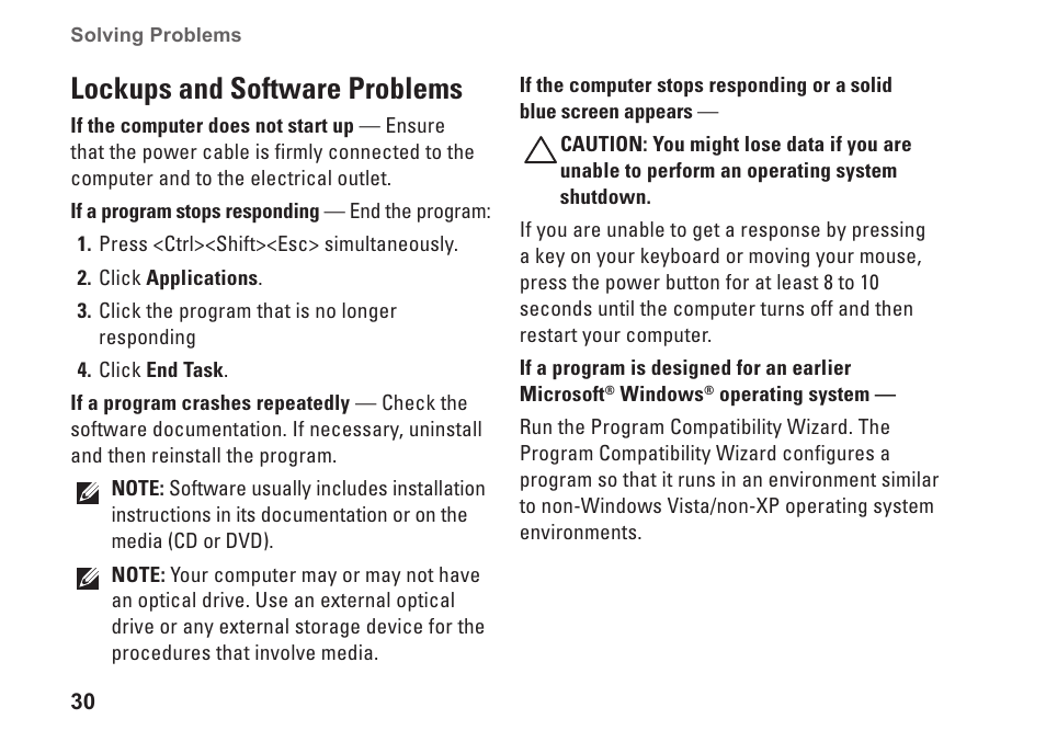 Lockups and software problems | Dell Inspiron Mini 10 (1010, Early 2009) User Manual | Page 32 / 68