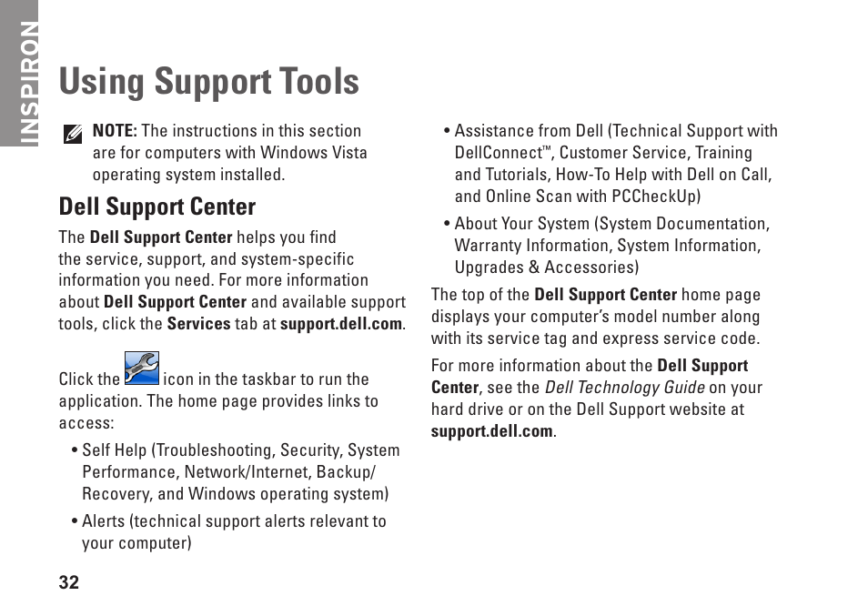 Using support tools, Dell support center, Inspiron | Dell Inspiron Mini 10 (1010, Early 2009) User Manual | Page 34 / 68