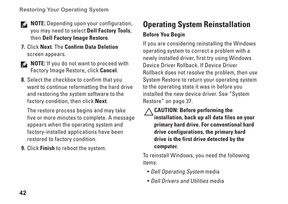 Operating system reinstallation | Dell Inspiron Mini 10 (1010, Early 2009) User Manual | Page 44 / 68