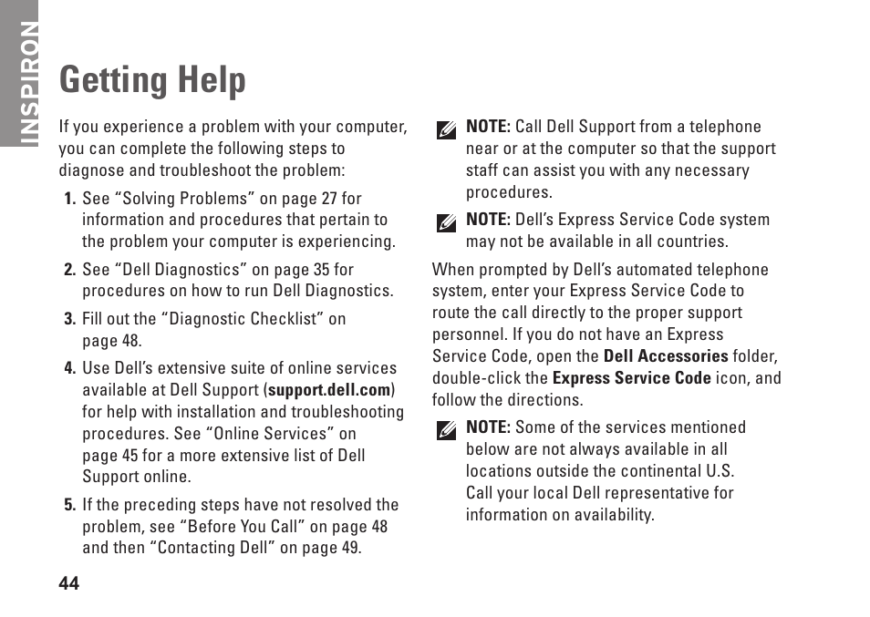Getting help, Inspiron | Dell Inspiron Mini 10 (1010, Early 2009) User Manual | Page 46 / 68