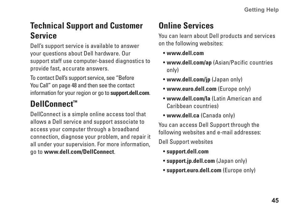 Technical support and customer service, Dellconnect, Online services | Technical support and customer, Service dellconnect | Dell Inspiron Mini 10 (1010, Early 2009) User Manual | Page 47 / 68