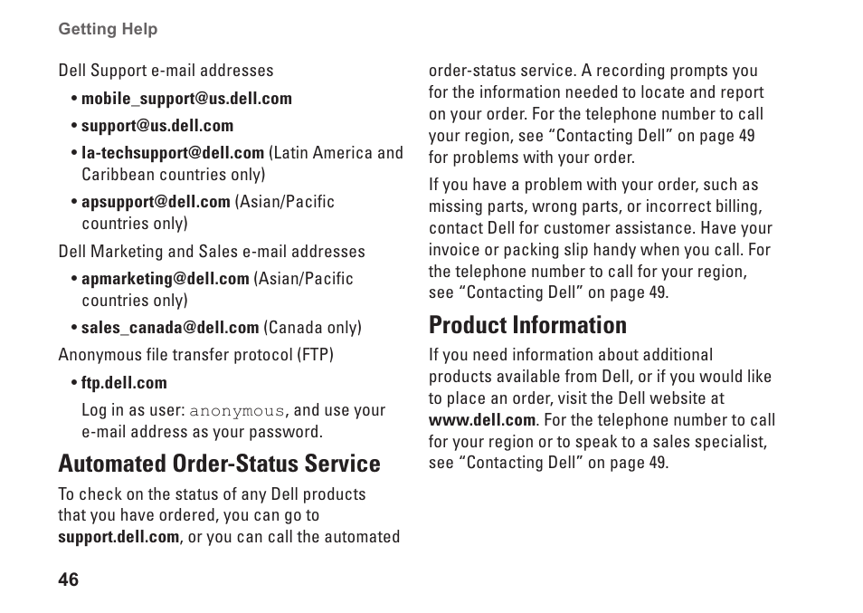 Automated order-status service, Product information, Automated order-status service product information | Dell Inspiron Mini 10 (1010, Early 2009) User Manual | Page 48 / 68