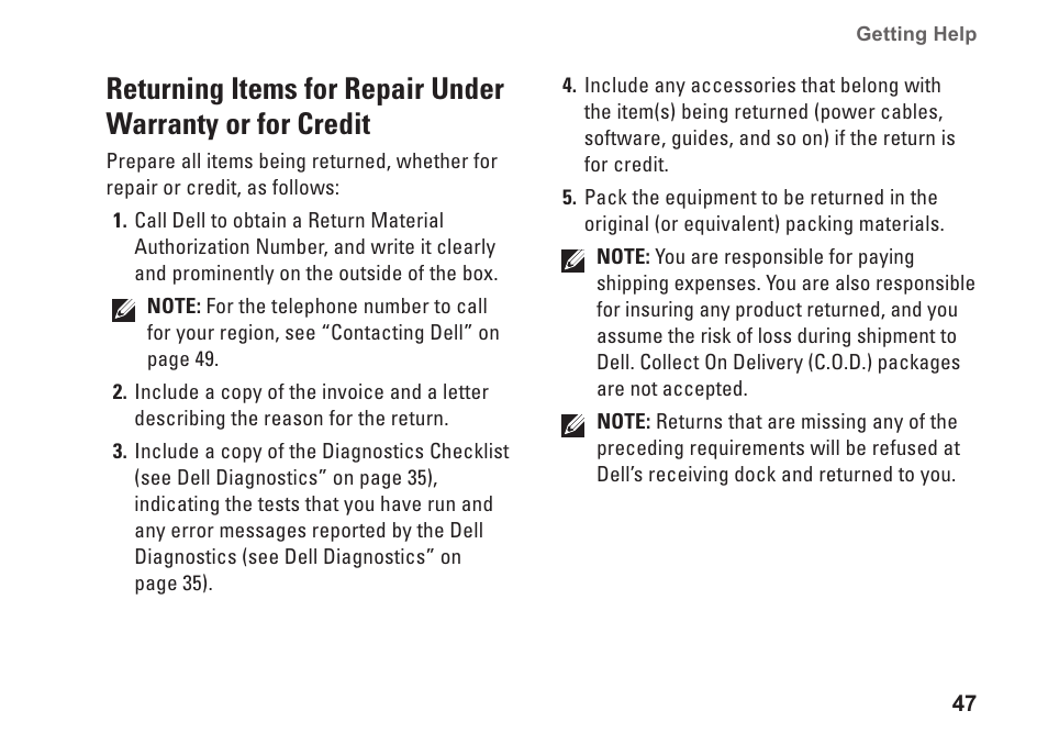 Returning items for repair under, Warranty or for credit | Dell Inspiron Mini 10 (1010, Early 2009) User Manual | Page 49 / 68