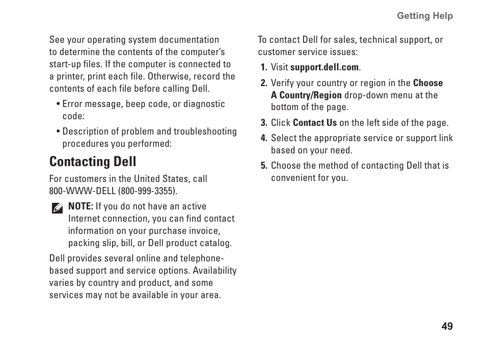 Contacting dell | Dell Inspiron Mini 10 (1010, Early 2009) User Manual | Page 51 / 68