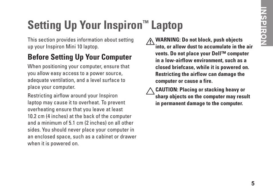Setting up your inspiron™ laptop, Before setting up your computer, Setting up your inspiron | Laptop, Inspiron | Dell Inspiron Mini 10 (1010, Early 2009) User Manual | Page 7 / 68