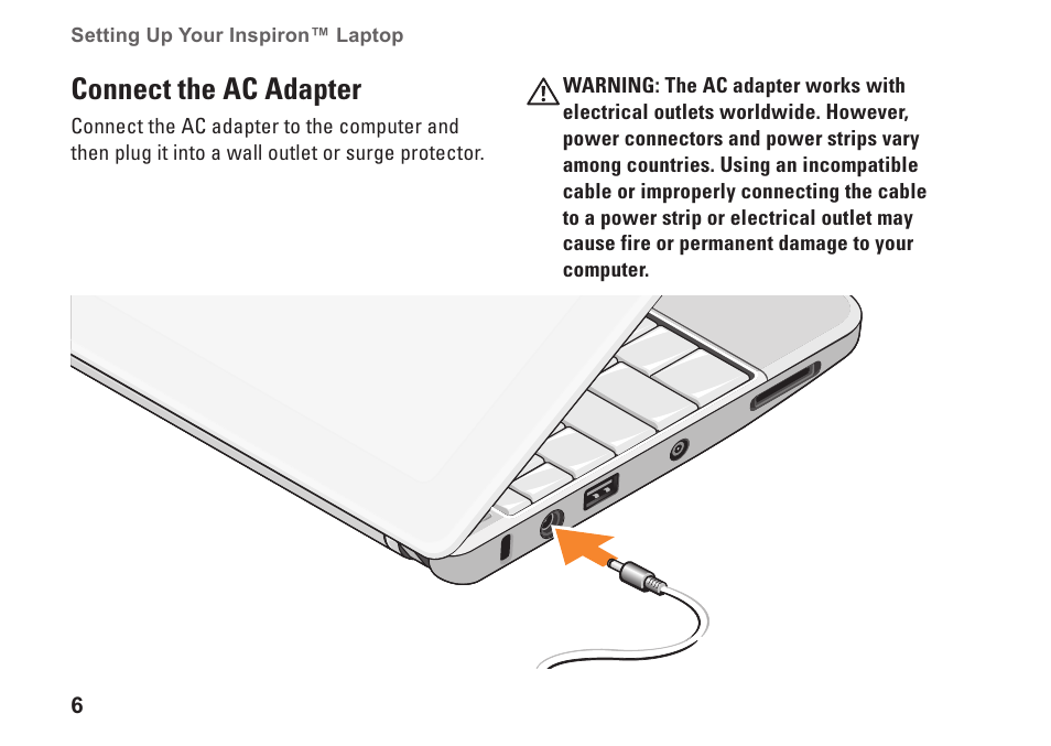 Connect the ac adapter | Dell Inspiron Mini 10 (1010, Early 2009) User Manual | Page 8 / 68
