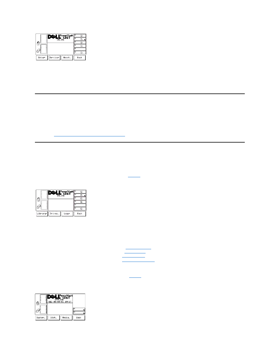 Online/offline selection, Status menu selection | Dell PowerVault 136T LTO/SDLT (Tape Library) User Manual | Page 31 / 108