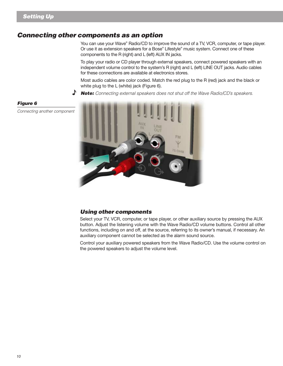 Connecting other components as an option, Setting up, Using other components | Bose Wave Radio User Manual | Page 10 / 30