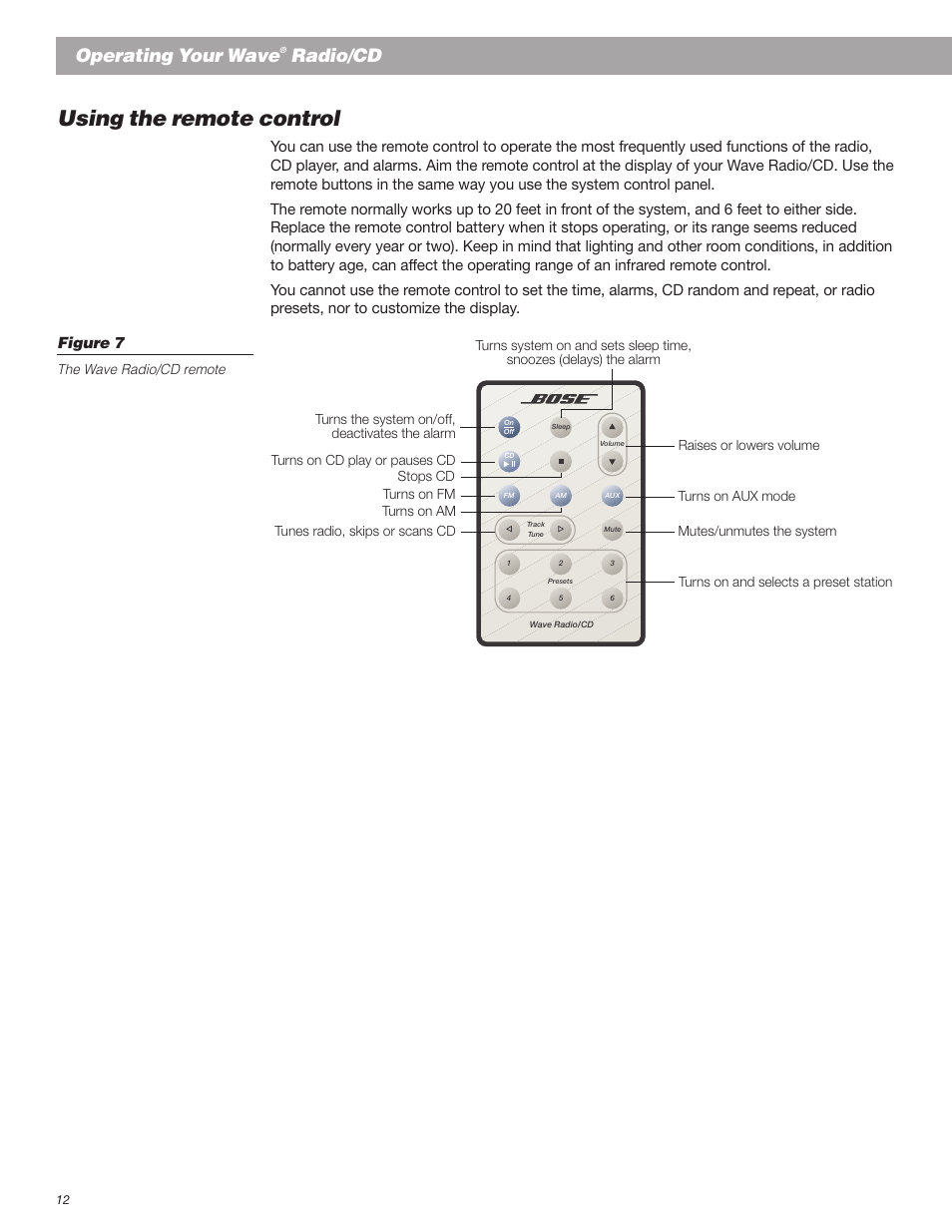 Using the remote control, Operating your wave, Radio/cd | Bose Wave Radio User Manual | Page 12 / 30