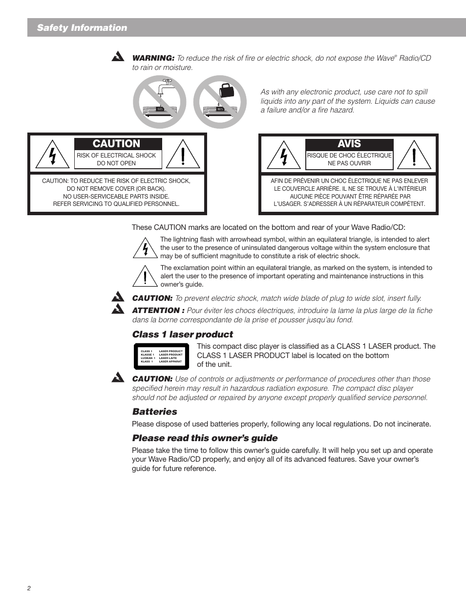 Caution avis, Safety information, Class 1 laser product | Batteries, Please read this owner’s guide | Bose Wave Radio User Manual | Page 2 / 30