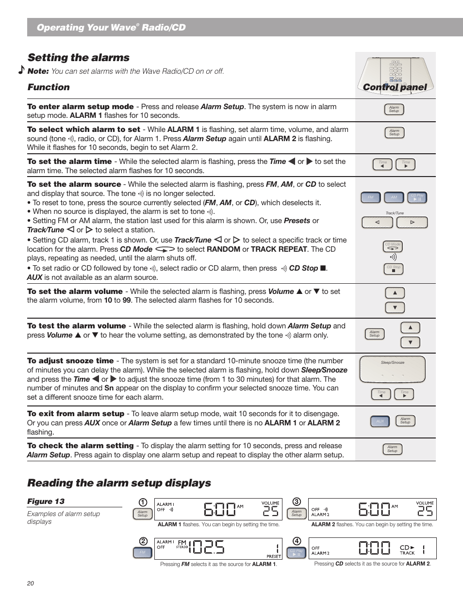 Setting the alarms, Reading the alarm setup displays, Operating your wave | Radio/cd, Function, Control panel | Bose Wave Radio User Manual | Page 20 / 30