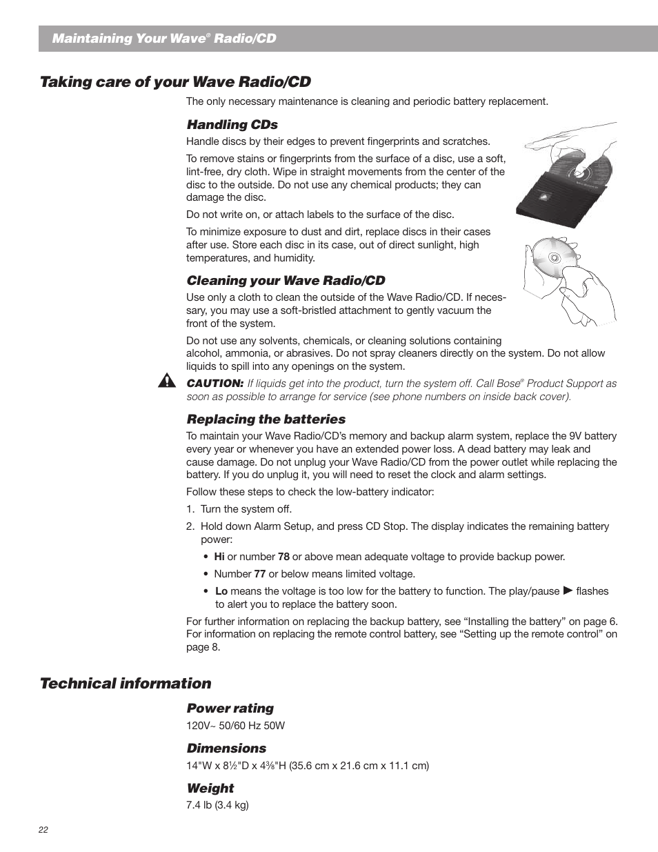 Taking care of your wave radio/cd, Technical information | Bose Wave Radio User Manual | Page 22 / 30