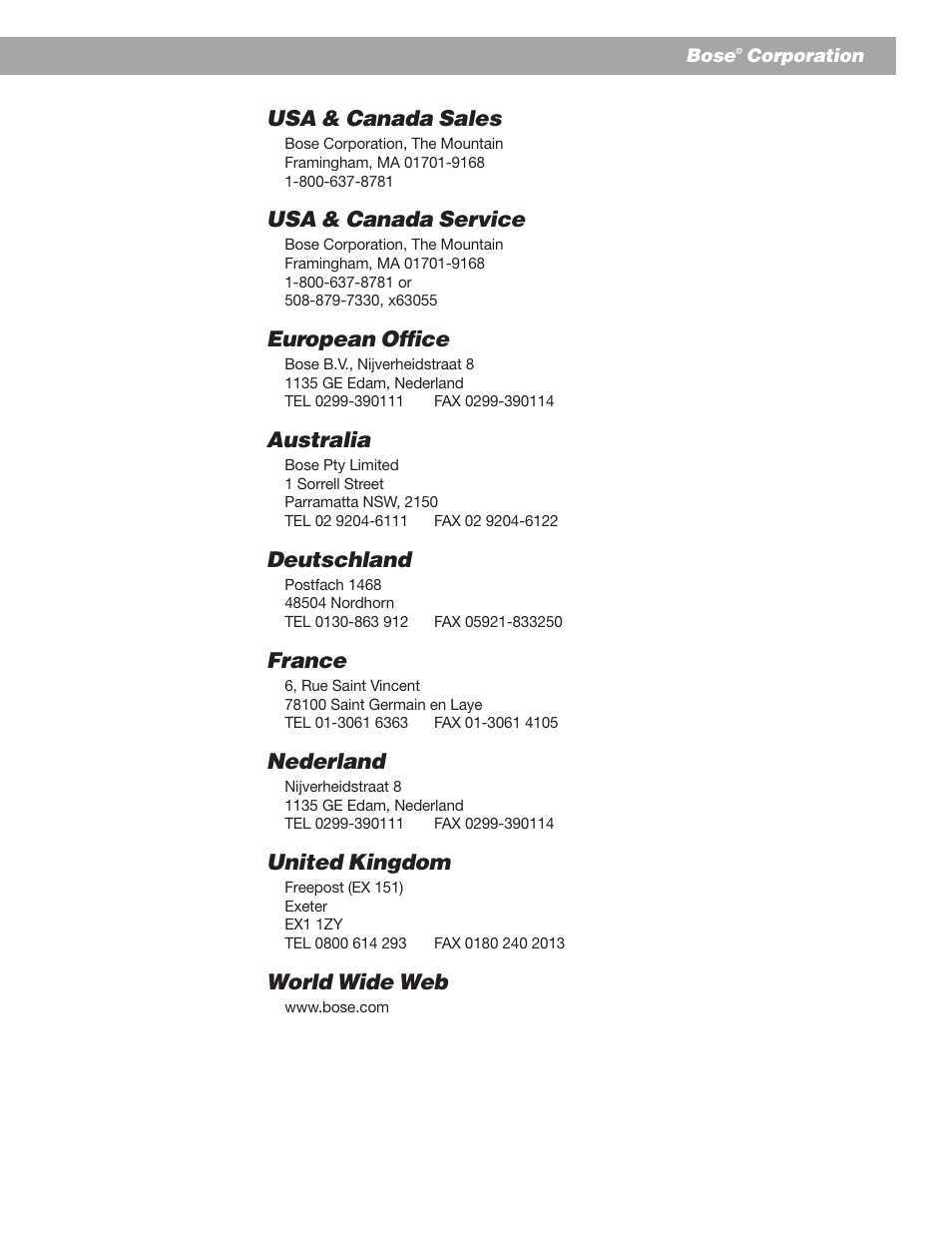 Usa & canada sales, Usa & canada service, European office | Australia, Deutschland, France, Nederland, United kingdom, World wide web | Bose Wave Radio User Manual | Page 29 / 30