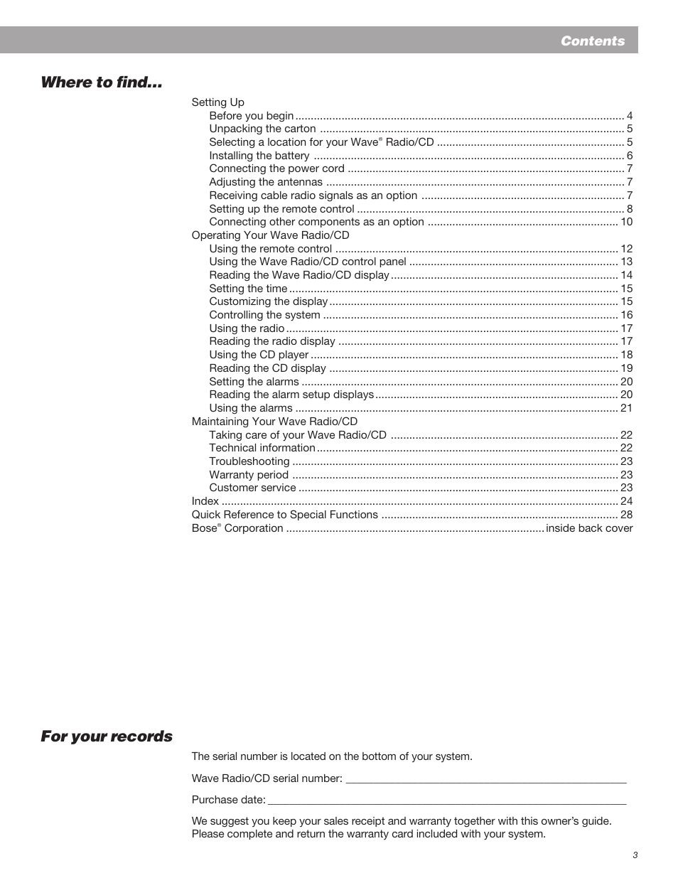 Where to find, For your records | Bose Wave Radio User Manual | Page 3 / 30