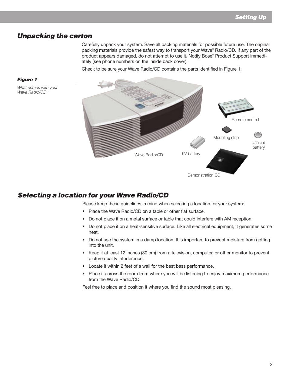 Unpacking the carton, Selecting a location for your wave radio/cd | Bose Wave Radio User Manual | Page 5 / 30