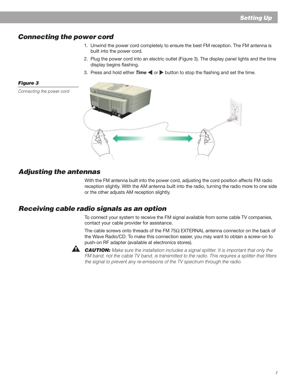 Connecting the power cord, Adjusting the antennas, Receiving cable radio signals as an option | Bose Wave Radio User Manual | Page 7 / 30