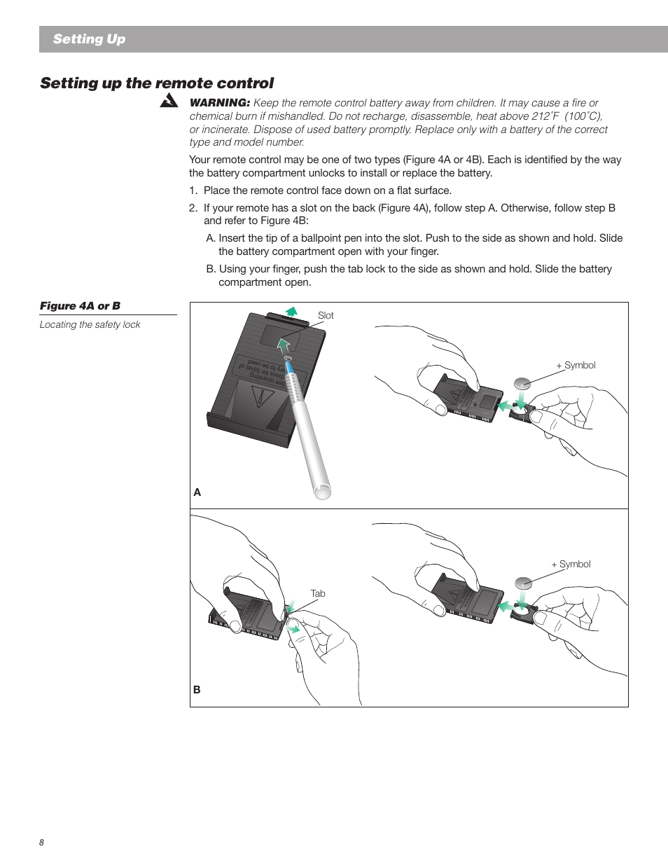 Setting up the remote control, Setting up, Locating the safety lock | Slot + symbol tab + symbol | Bose Wave Radio User Manual | Page 8 / 30