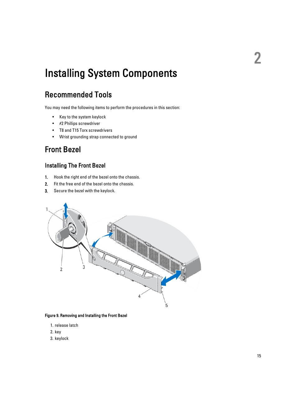 Installing system components, Recommended tools, Front bezel | Installing the front bezel, 2 installing system components | Dell PowerVault NX3610 User Manual | Page 15 / 47