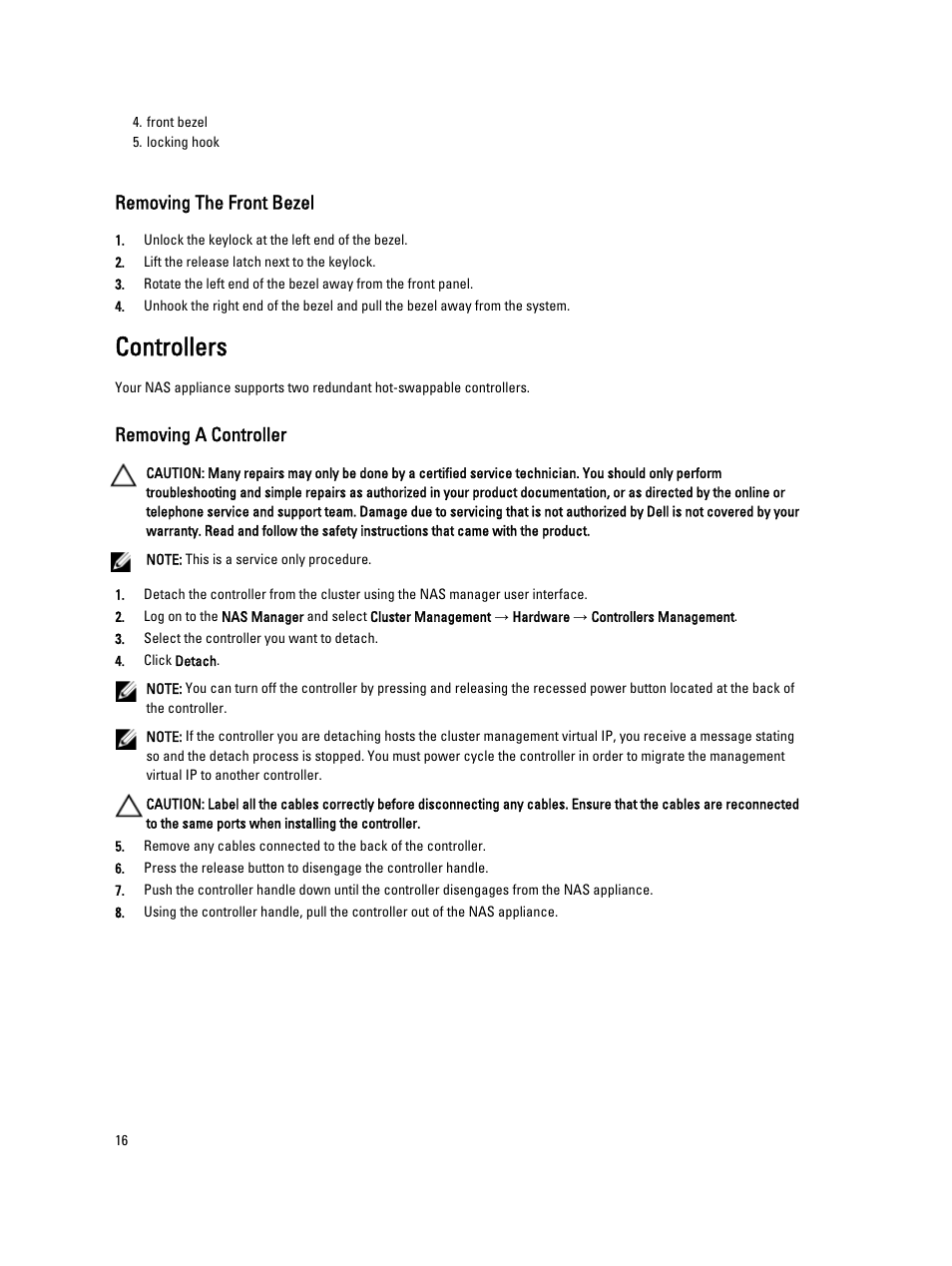 Removing the front bezel, Controllers, Removing a controller | Dell PowerVault NX3610 User Manual | Page 16 / 47