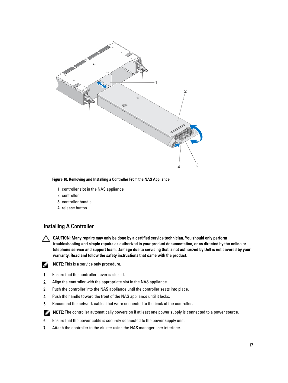 Installing a controller | Dell PowerVault NX3610 User Manual | Page 17 / 47