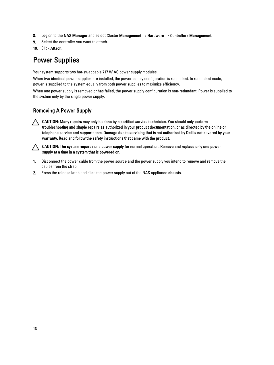 Power supplies, Removing a power supply | Dell PowerVault NX3610 User Manual | Page 18 / 47