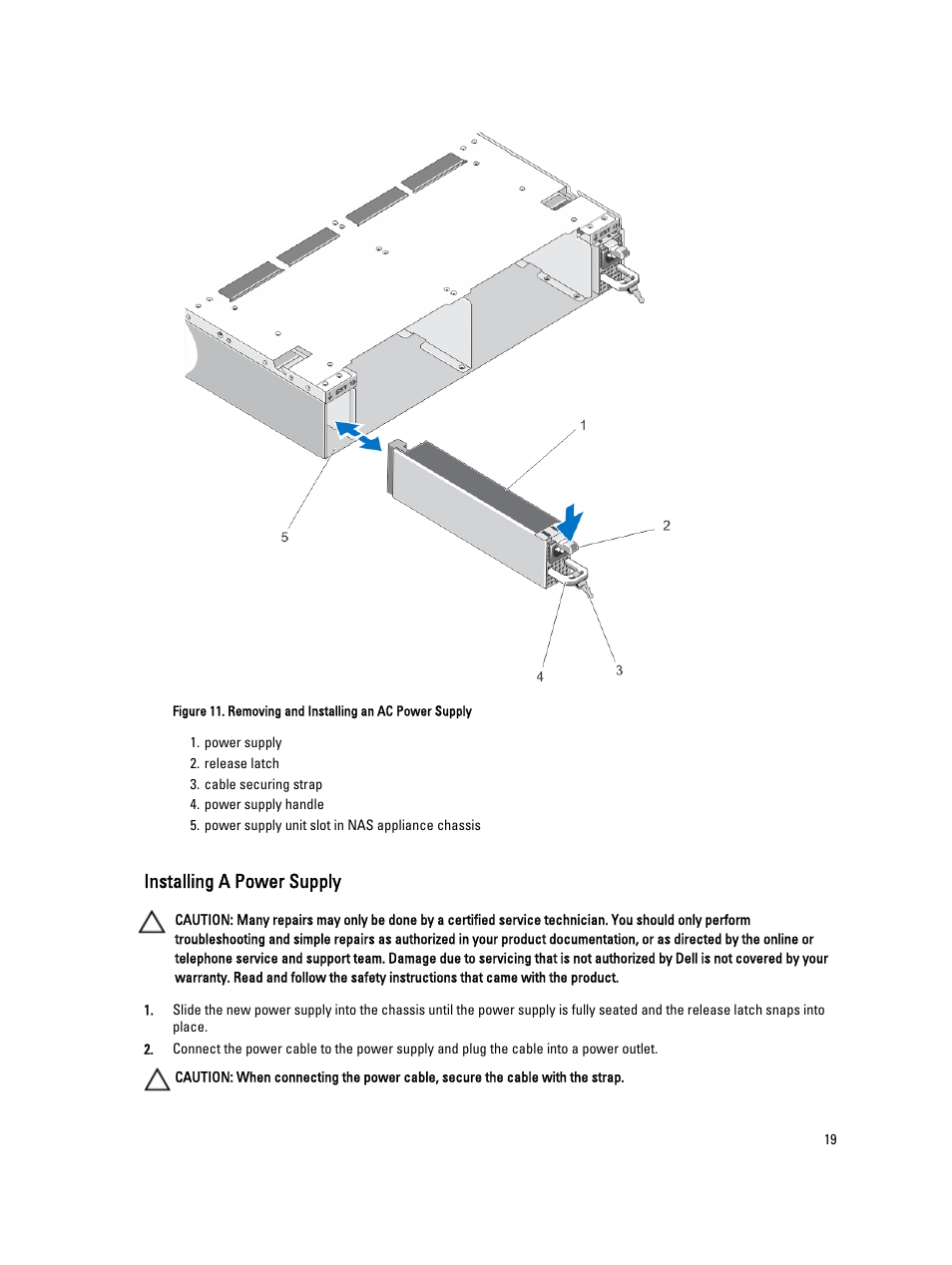Installing a power supply | Dell PowerVault NX3610 User Manual | Page 19 / 47