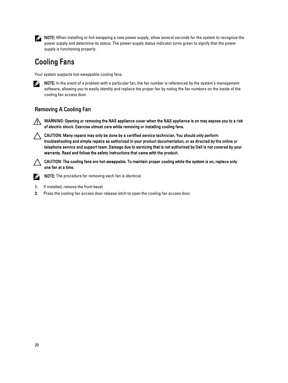 Cooling fans, Removing a cooling fan | Dell PowerVault NX3610 User Manual | Page 20 / 47