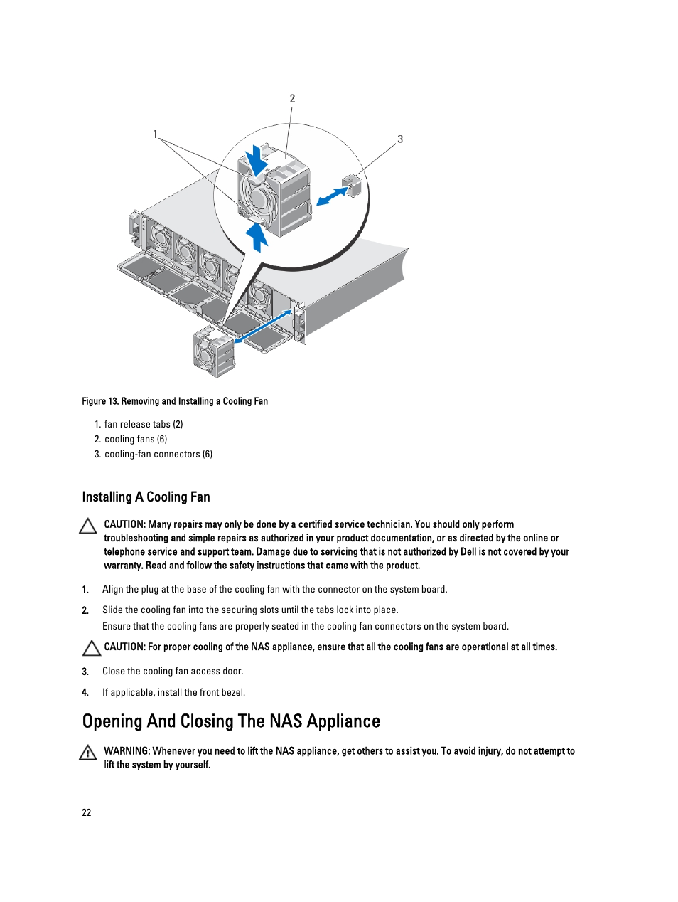 Installing a cooling fan, Opening and closing the nas appliance | Dell PowerVault NX3610 User Manual | Page 22 / 47