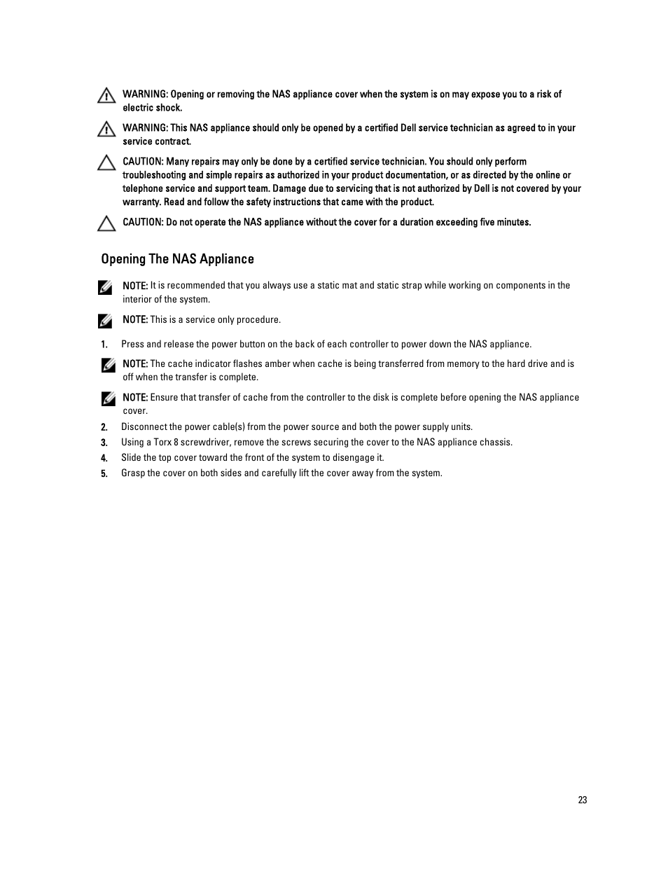 Opening the nas appliance | Dell PowerVault NX3610 User Manual | Page 23 / 47