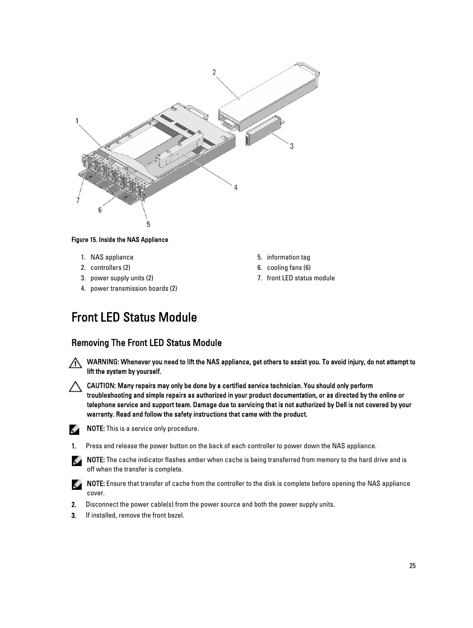 Front led status module, Removing the front led status module | Dell PowerVault NX3610 User Manual | Page 25 / 47