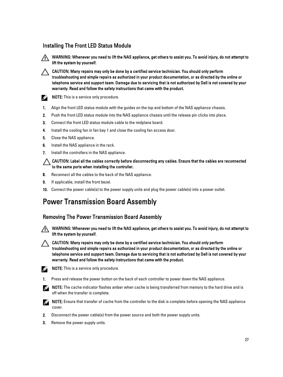 Installing the front led status module, Power transmission board assembly, Removing the power transmission board assembly | Dell PowerVault NX3610 User Manual | Page 27 / 47