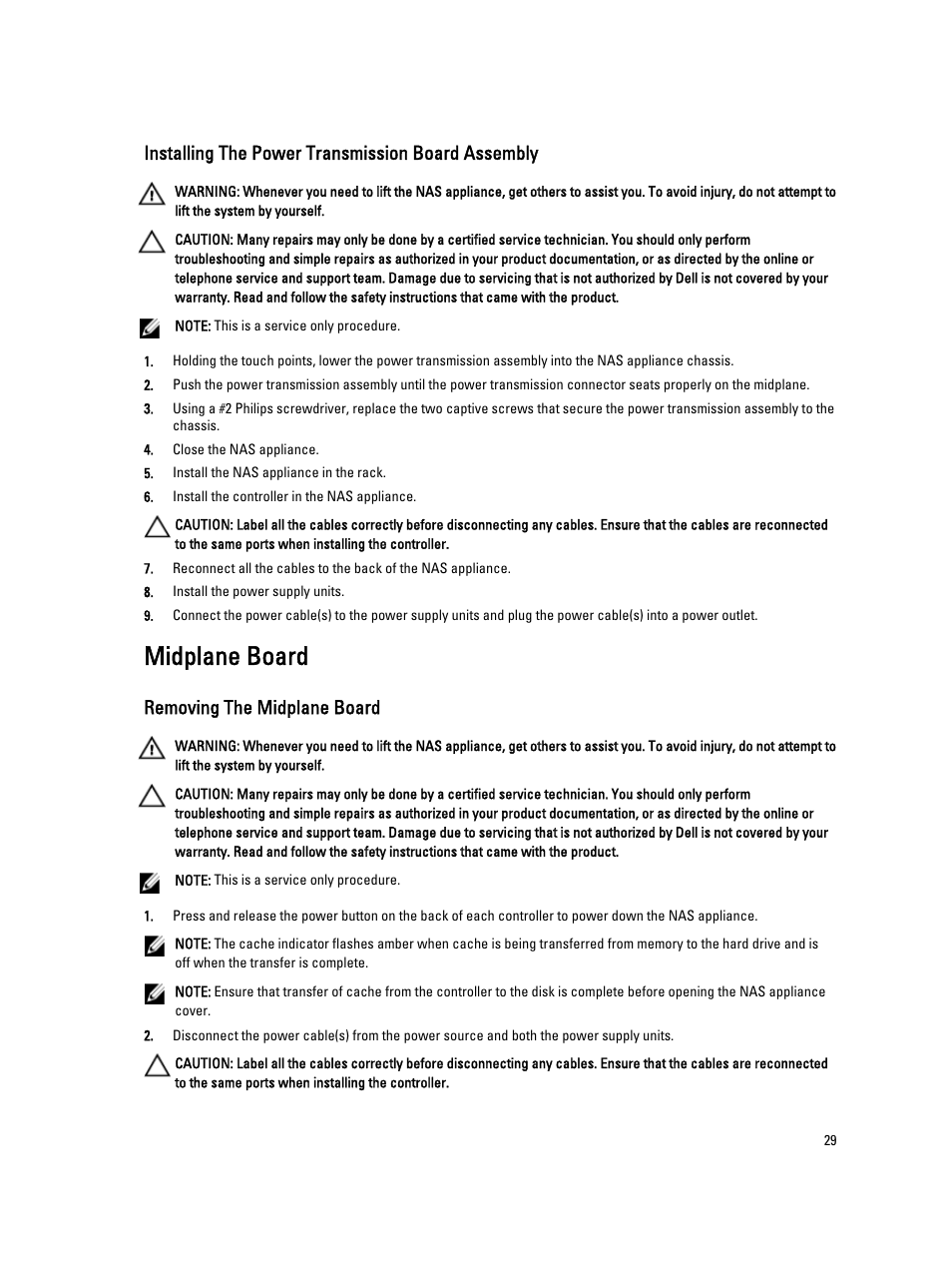 Installing the power transmission board assembly, Midplane board, Removing the midplane board | Dell PowerVault NX3610 User Manual | Page 29 / 47