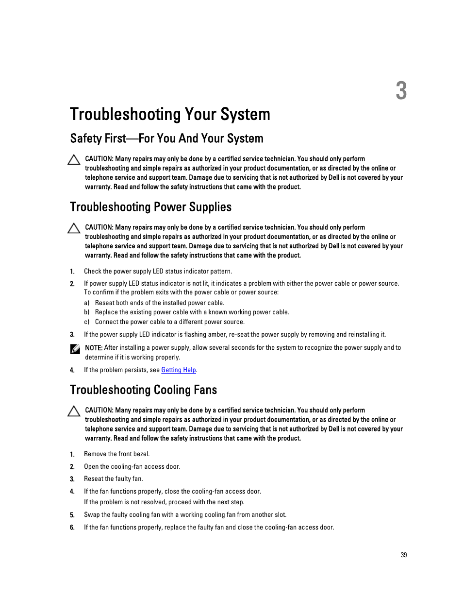 Troubleshooting your system, Safety first—for you and your system, Troubleshooting power supplies | Troubleshooting cooling fans, 3 troubleshooting your system | Dell PowerVault NX3610 User Manual | Page 39 / 47