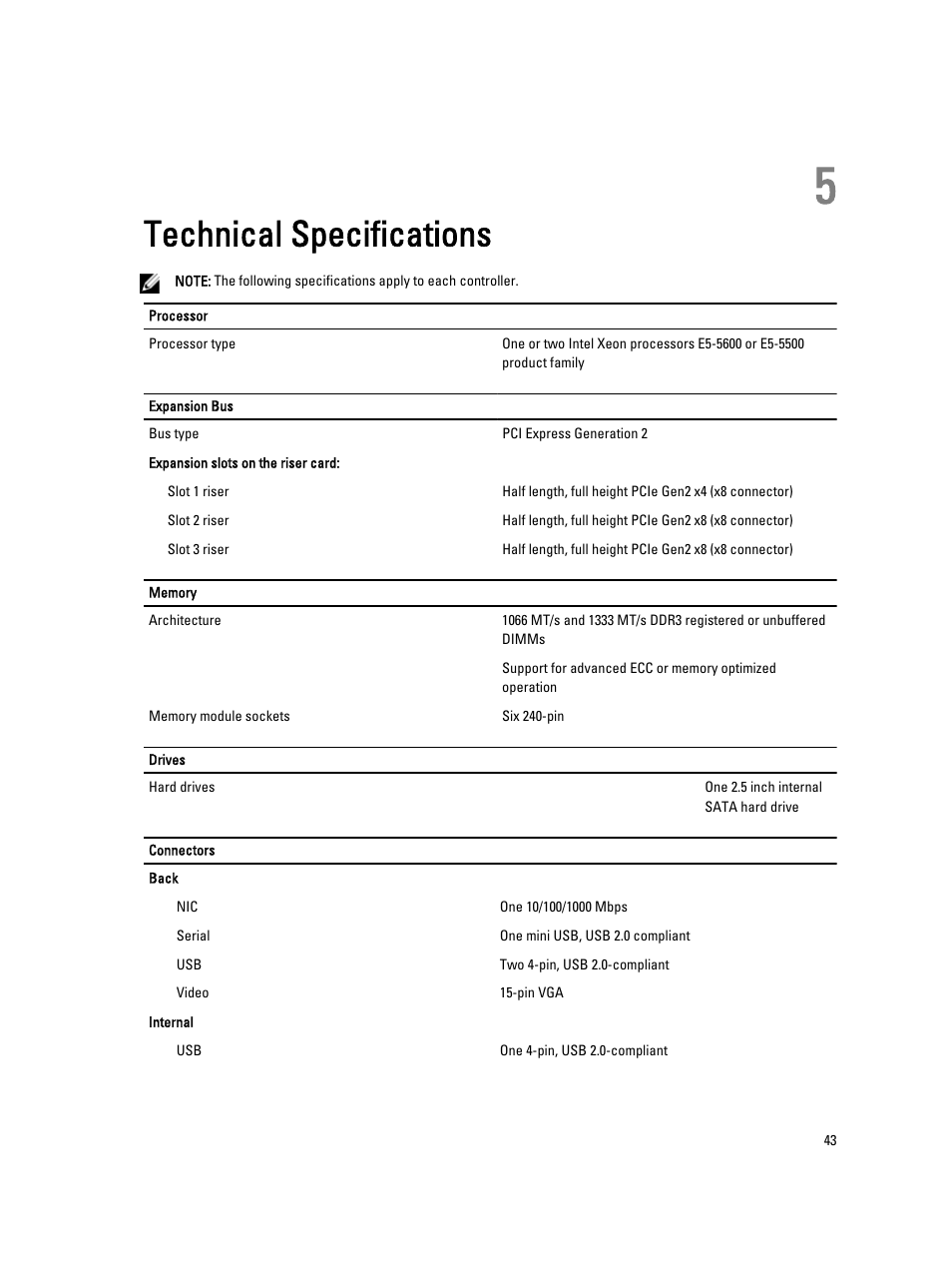 Technical specifications, 5 technical specifications | Dell PowerVault NX3610 User Manual | Page 43 / 47