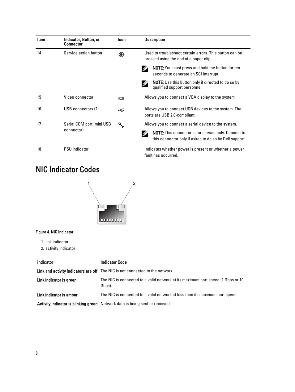 Nic indicator codes | Dell PowerVault NX3610 User Manual | Page 8 / 47
