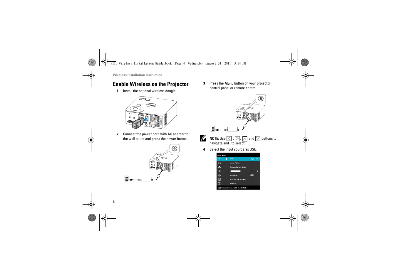 Enable wireless on the projector, 1 install the optional wireless dongle | Dell M110 Projector User Manual | Page 4 / 14