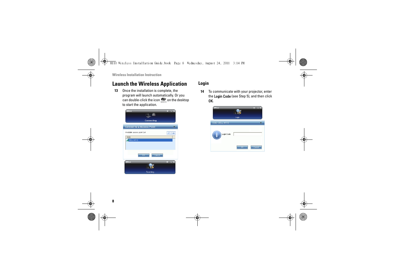Launch the wireless application, Login | Dell M110 Projector User Manual | Page 8 / 14